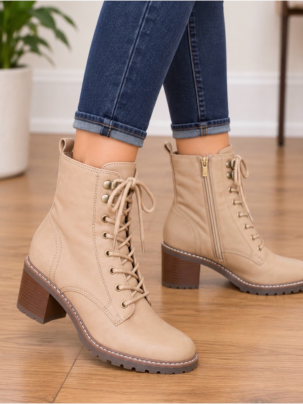 Never Worn Crown Vintage Beige Lace-Up Block Heel Ankle Boots for Women